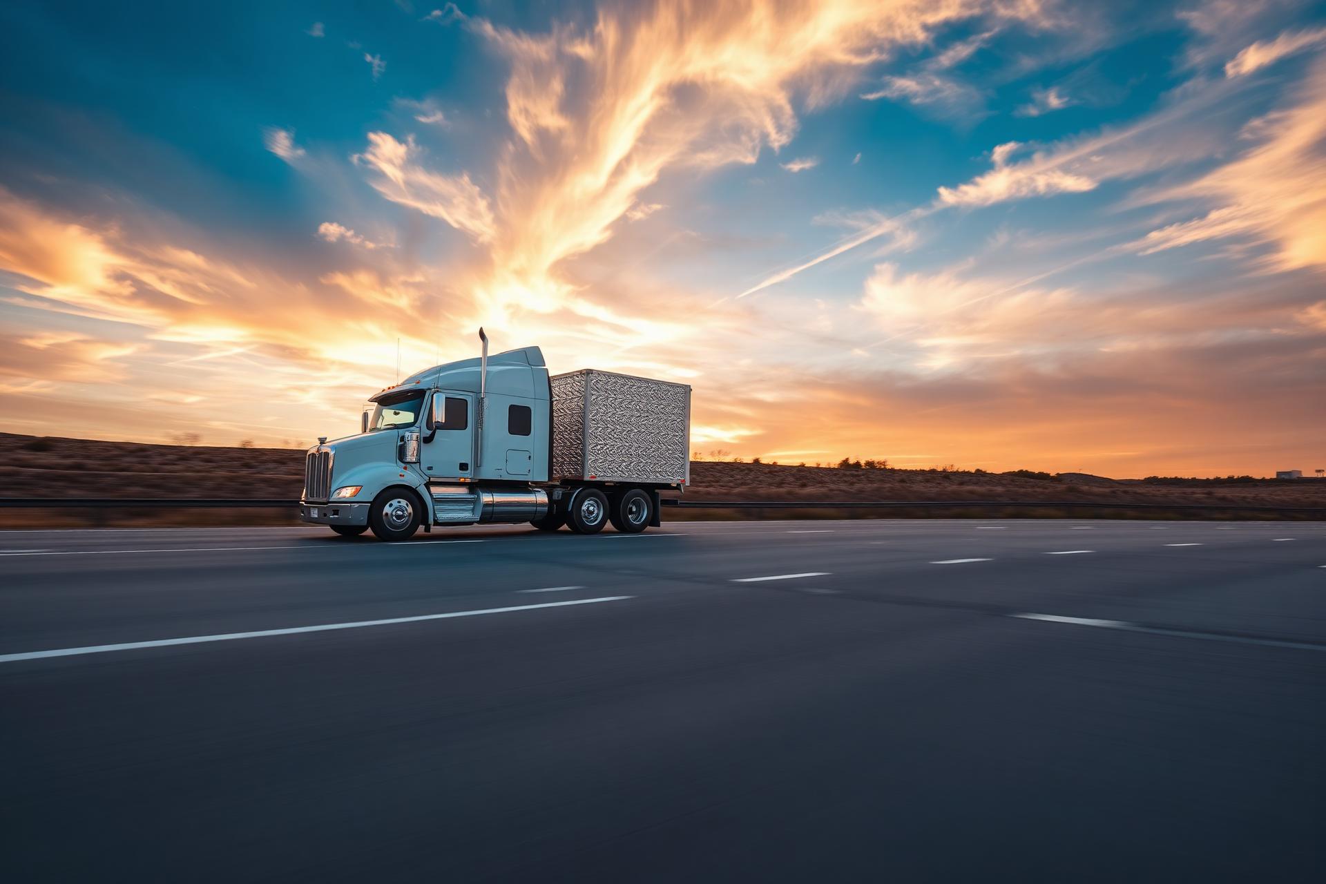 Modern American semi truck on the highway at golden hour